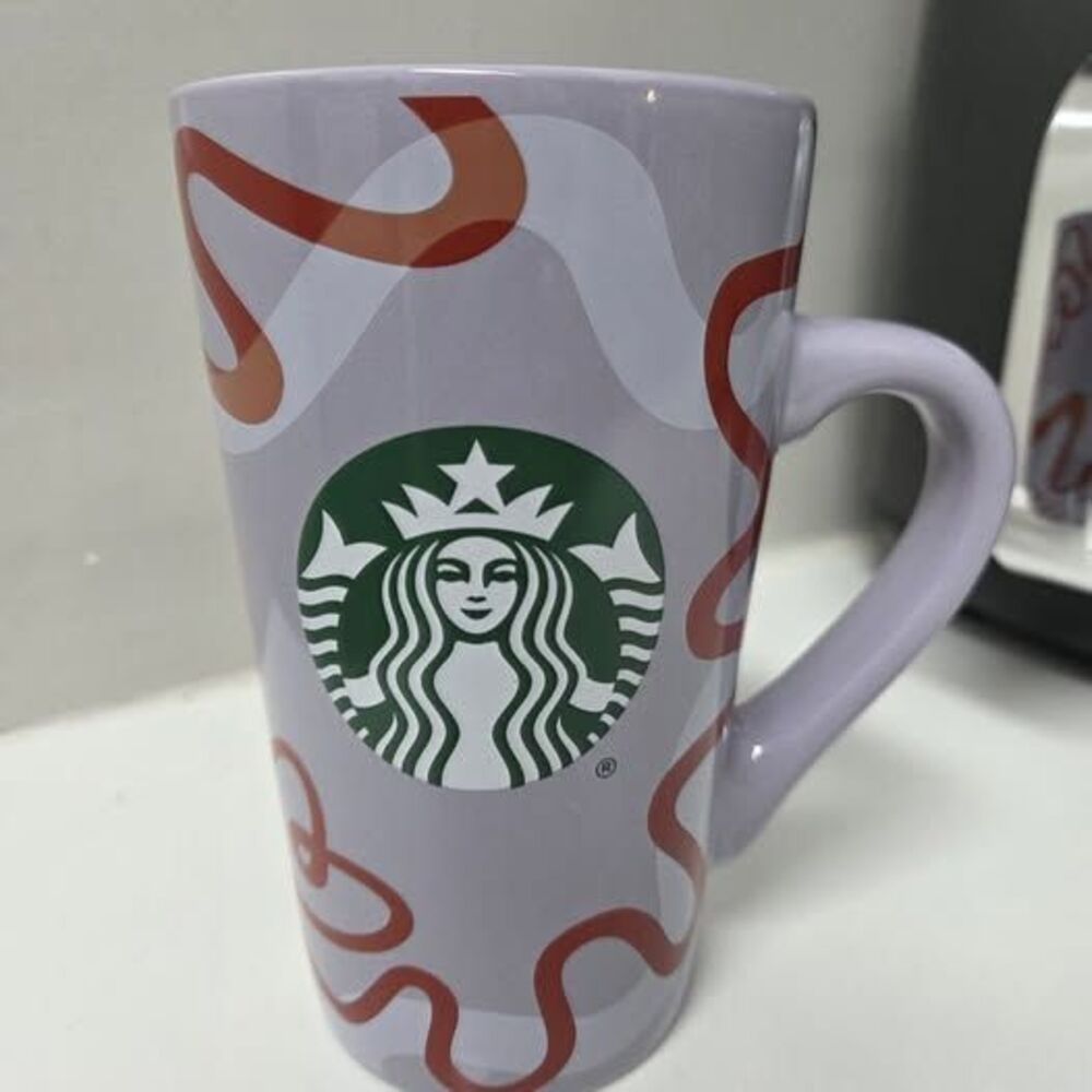 Starbucks 2023 16oz Lavender Ceramic Coffee Mug Abstract Red Swirl Cup